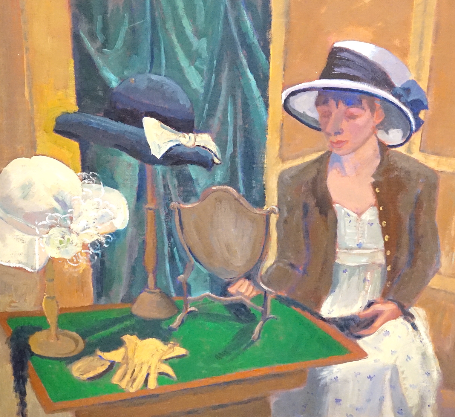 Suzanne Allan, oil on canvas, 'At the milliner', inscribed verso, 44 x 49cm